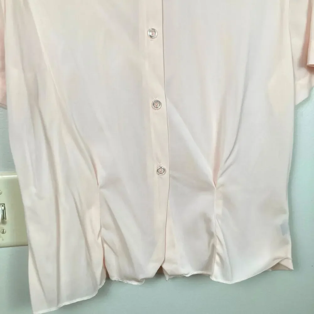 VTG Pink Pleated Sheer Button Back Blouse Size M Rosette Beaded Collar Victorian
